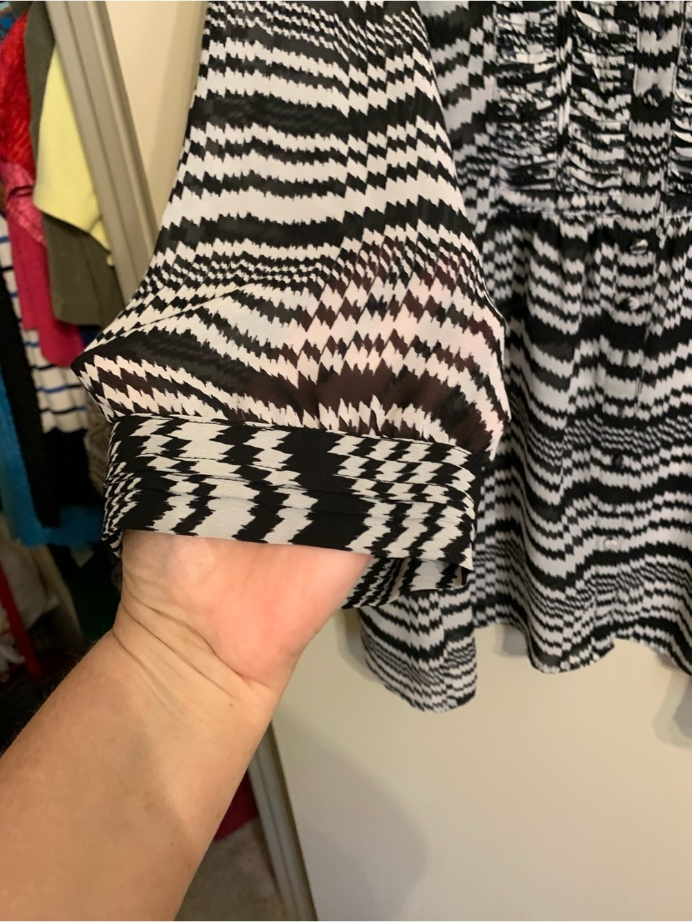 Chico's Black and White Patterned Ruffle Tunic Blouse - Picture 2 of 5